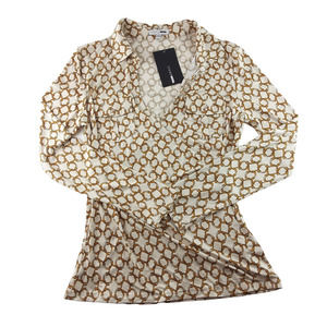 Fashion Nova Women's Cream Gold Chain Print Surplice Long Sleeve Top Collared L